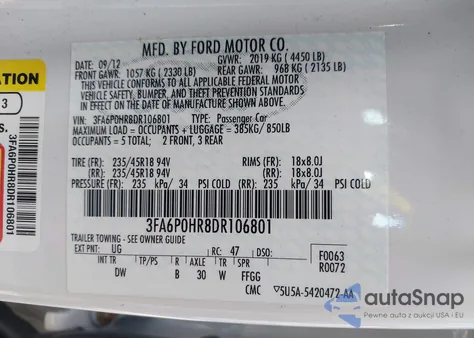 2013 Ford Fusion Se from USA, damaged, VIN 3FA6P0HR8DR106801
